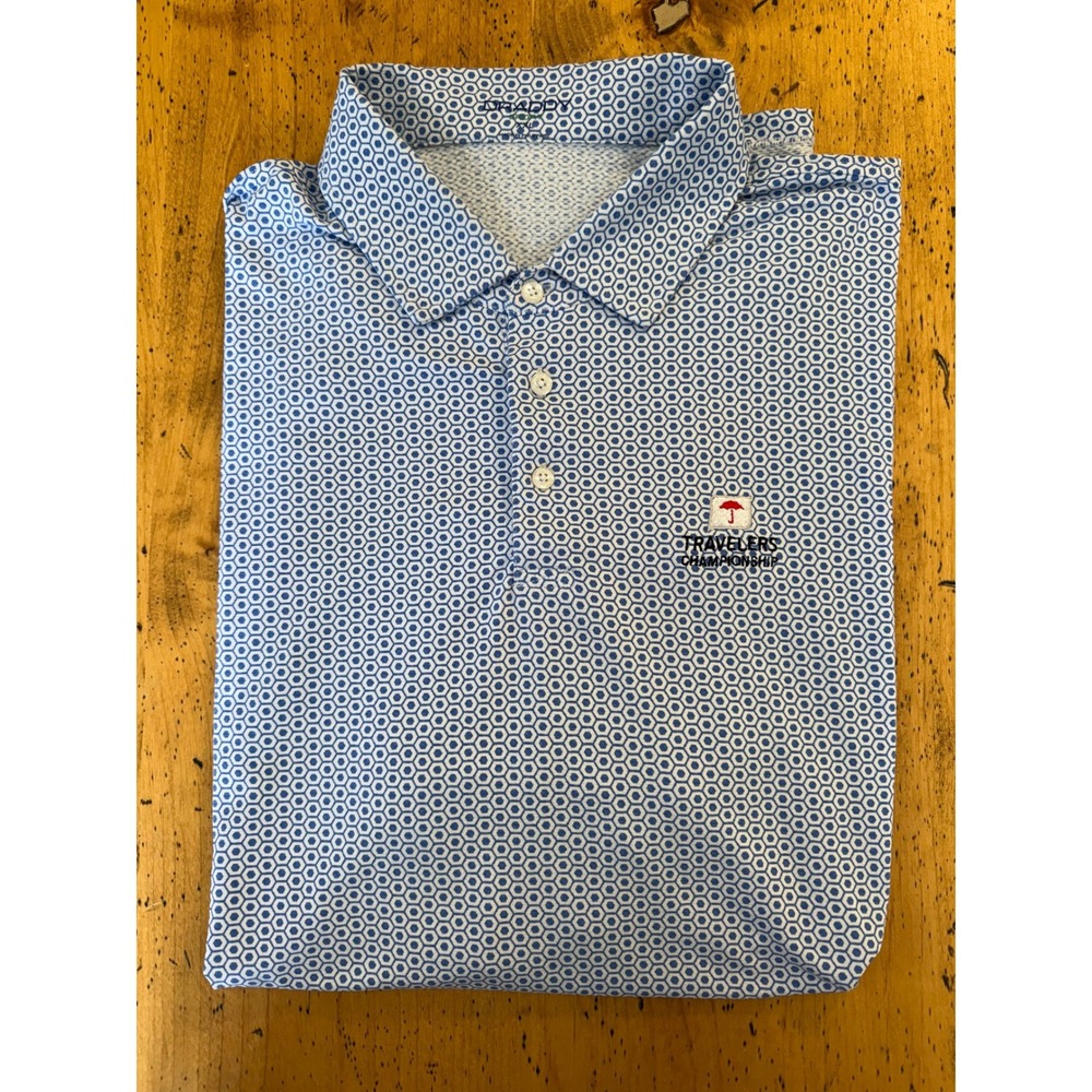 B. Draddy Sport XXL Blue Geometric Travelers Championship Golf Polo Shirt